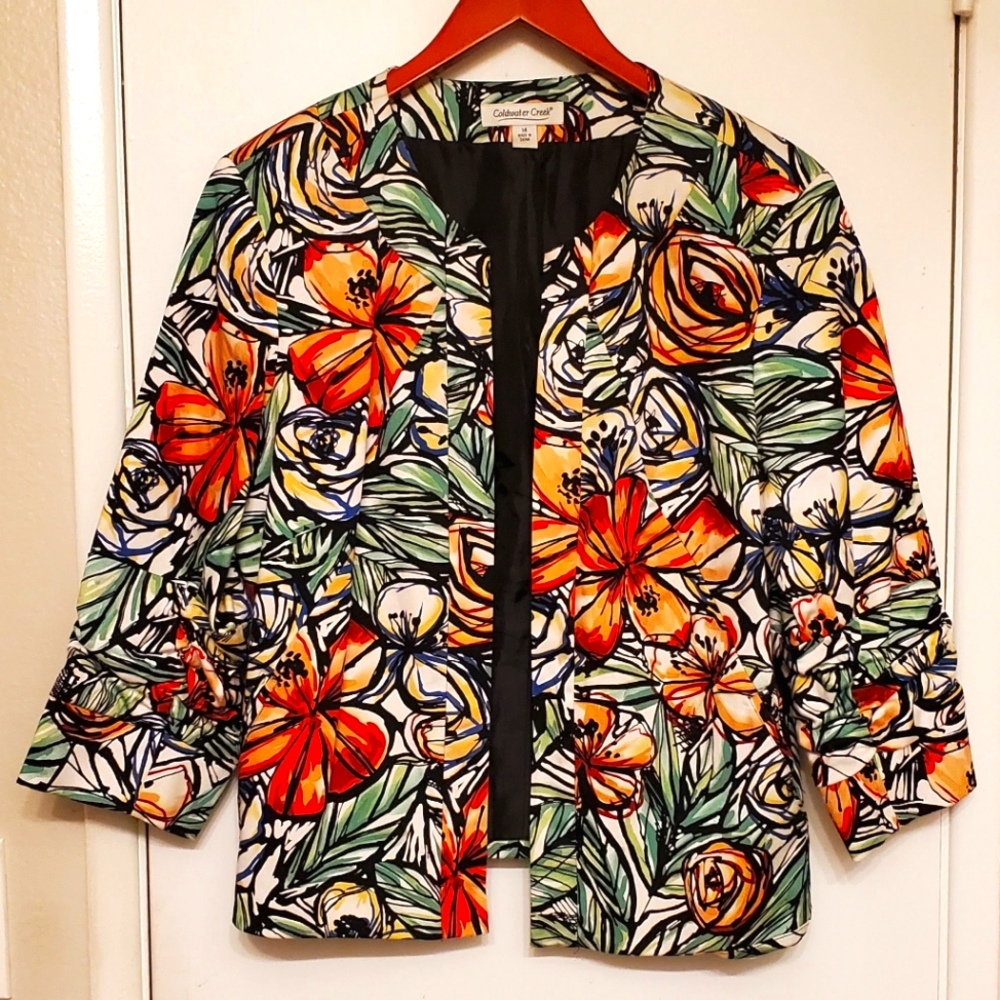 Coldwater Creek sz 14 Jacket with Orange Floral Print
